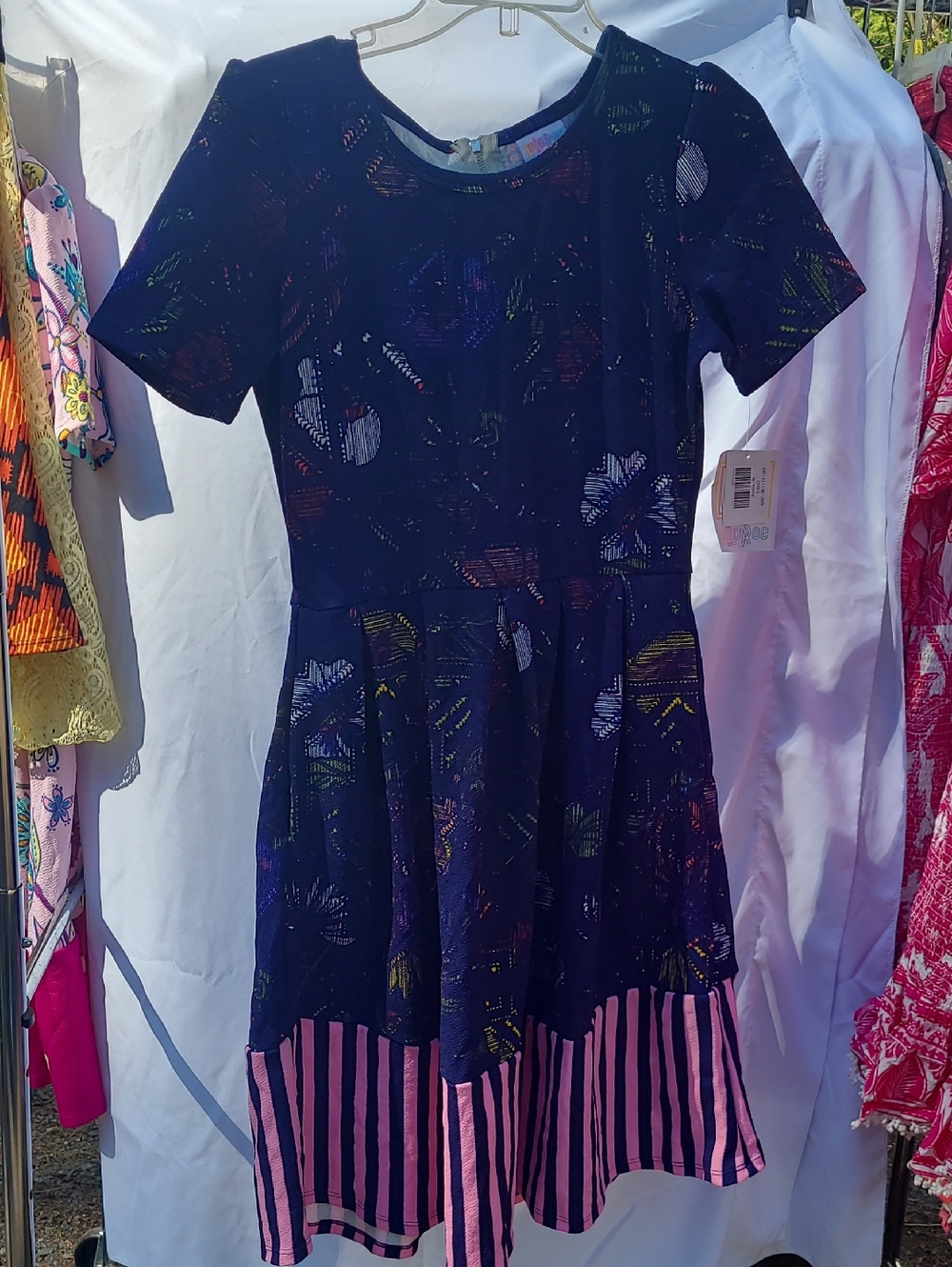 LULAroe Navy Floral & Pink Stripe Fit-and-Flare Dress